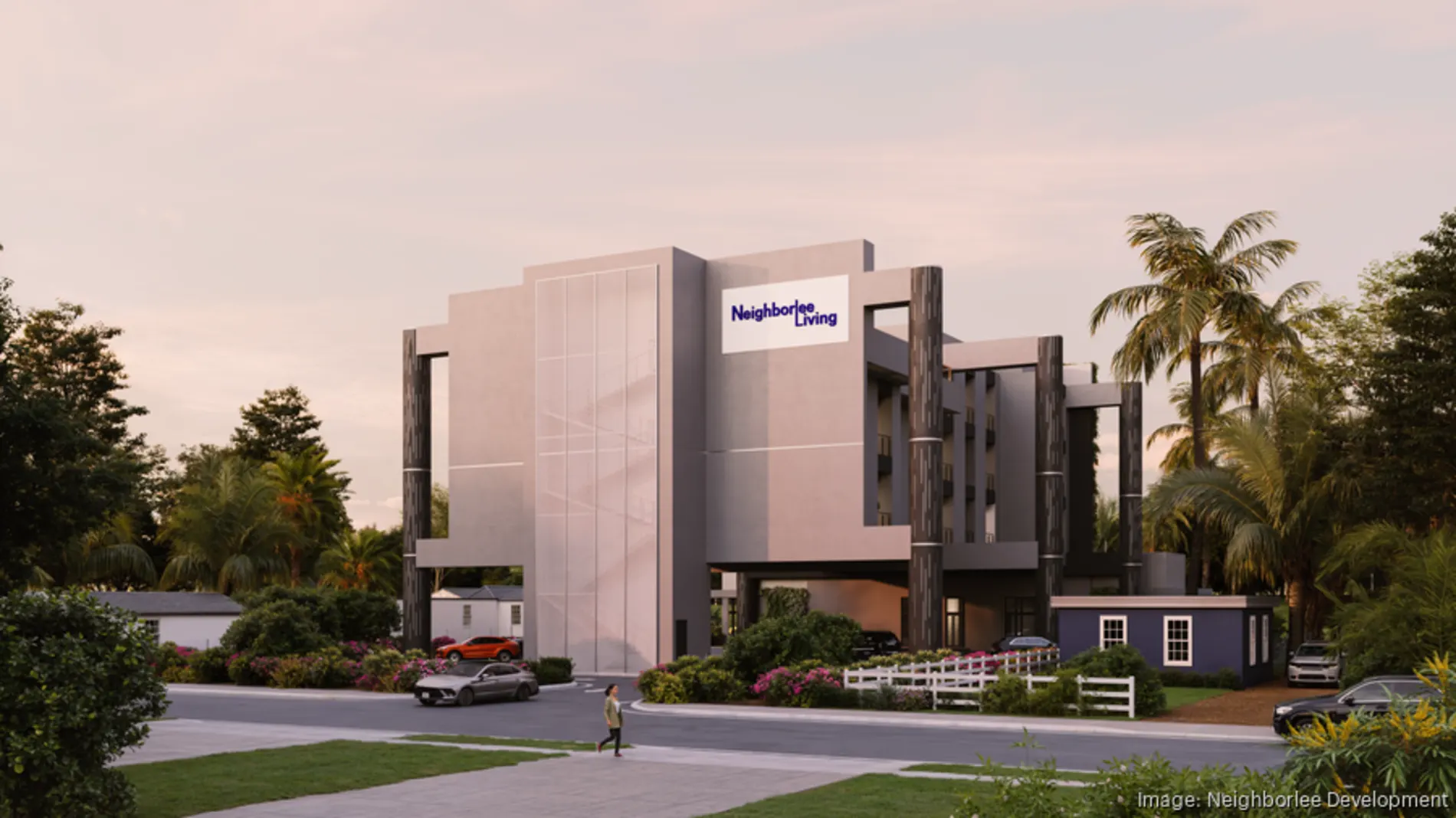 Rendering of Neighborlee Living Westgate in West Palm Beach showing modern design and surrounding residential area.